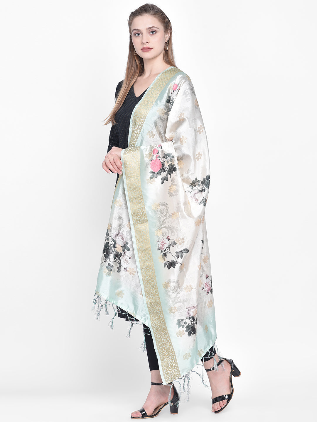 Dupatta Bazaar Woman's Sea Green & Cream Banarasi Dupatta with Digital Print. - Dupatta Bazaar