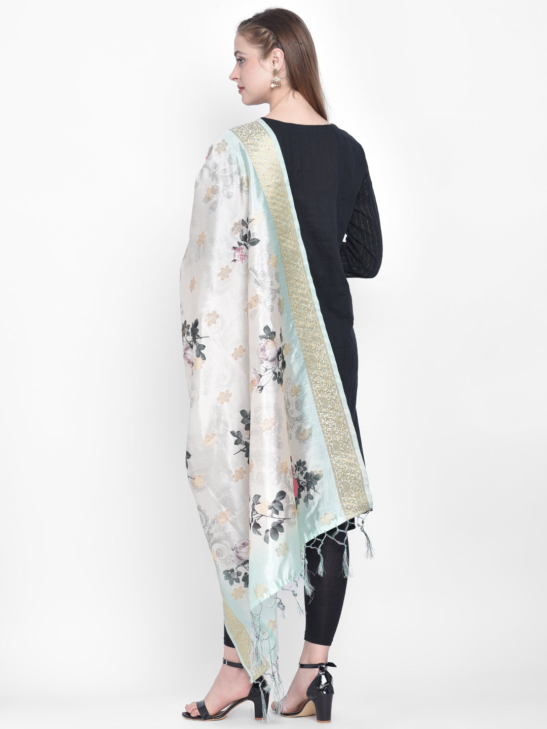 Dupatta Bazaar Woman's Sea Green & Cream Banarasi Dupatta with Digital Print. - Dupatta Bazaar
