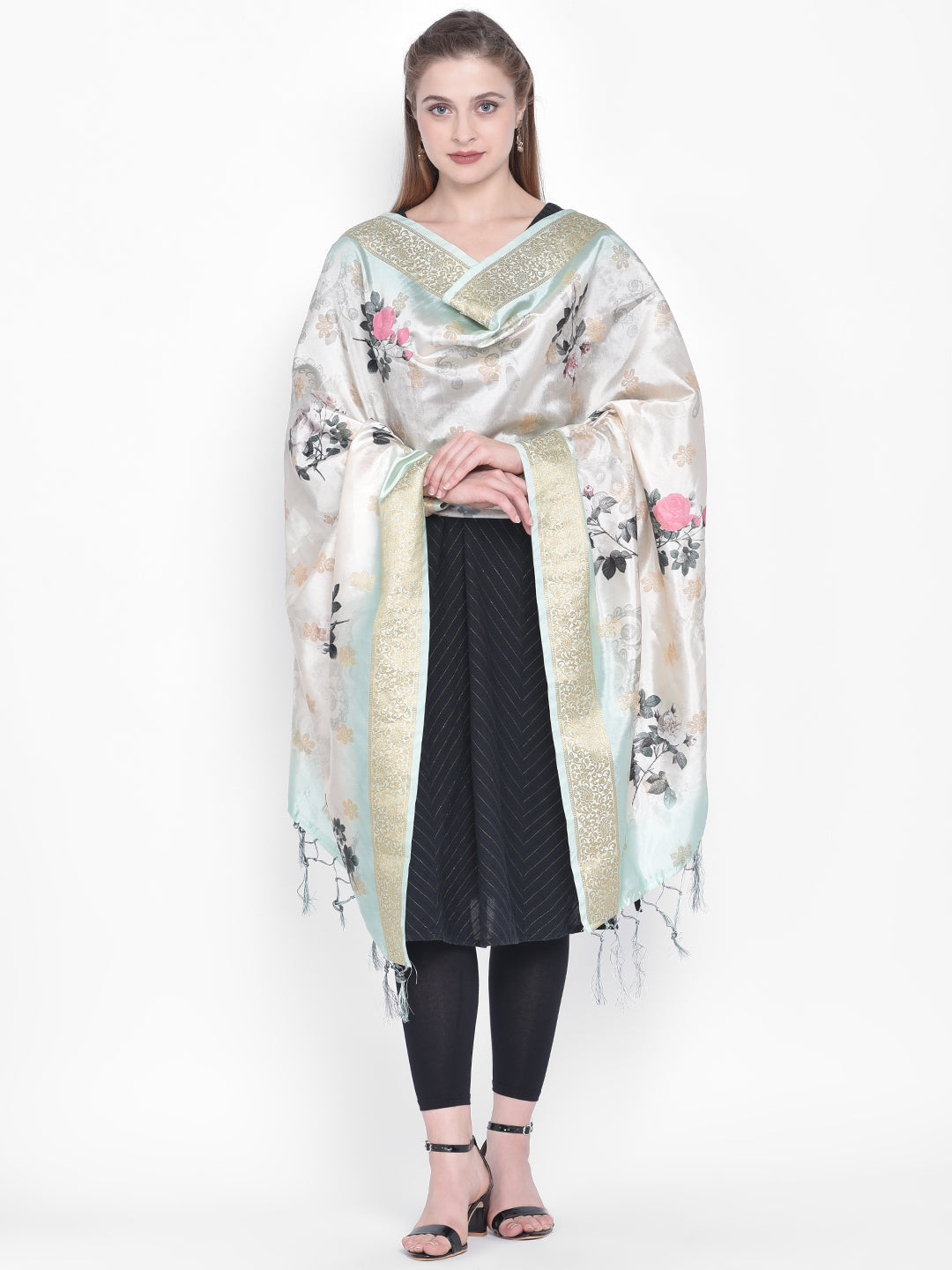 Dupatta Bazaar Woman's Sea Green & Cream Banarasi Dupatta with Digital Print. - Dupatta Bazaar