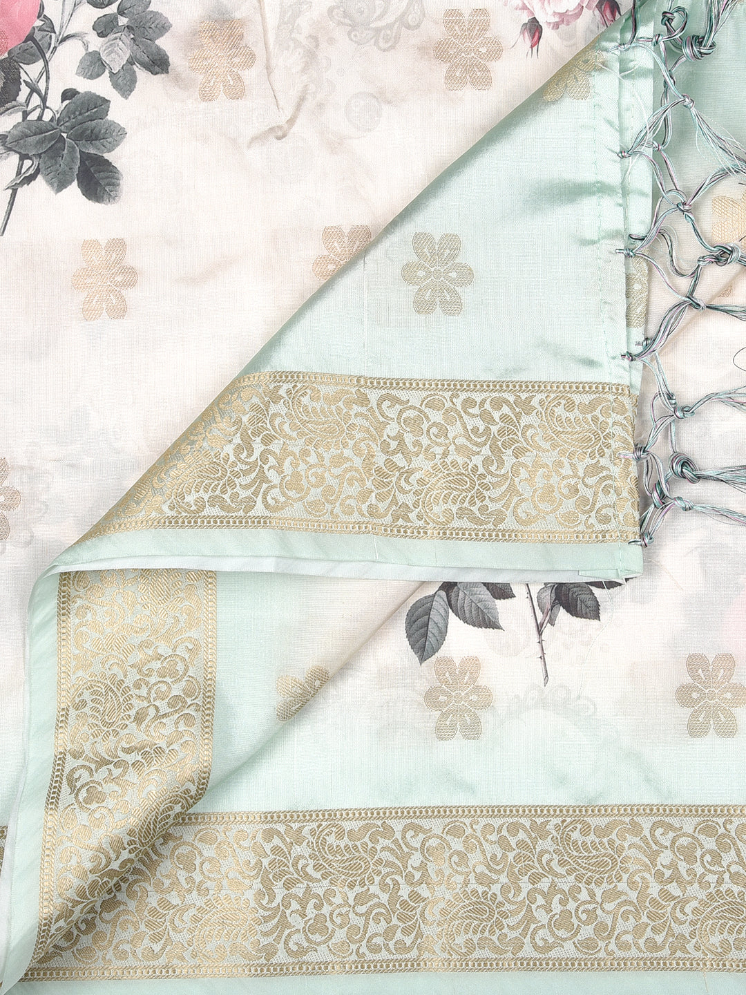 Dupatta Bazaar Woman's Sea Green & Cream Banarasi Dupatta with Digital Print. - Dupatta Bazaar
