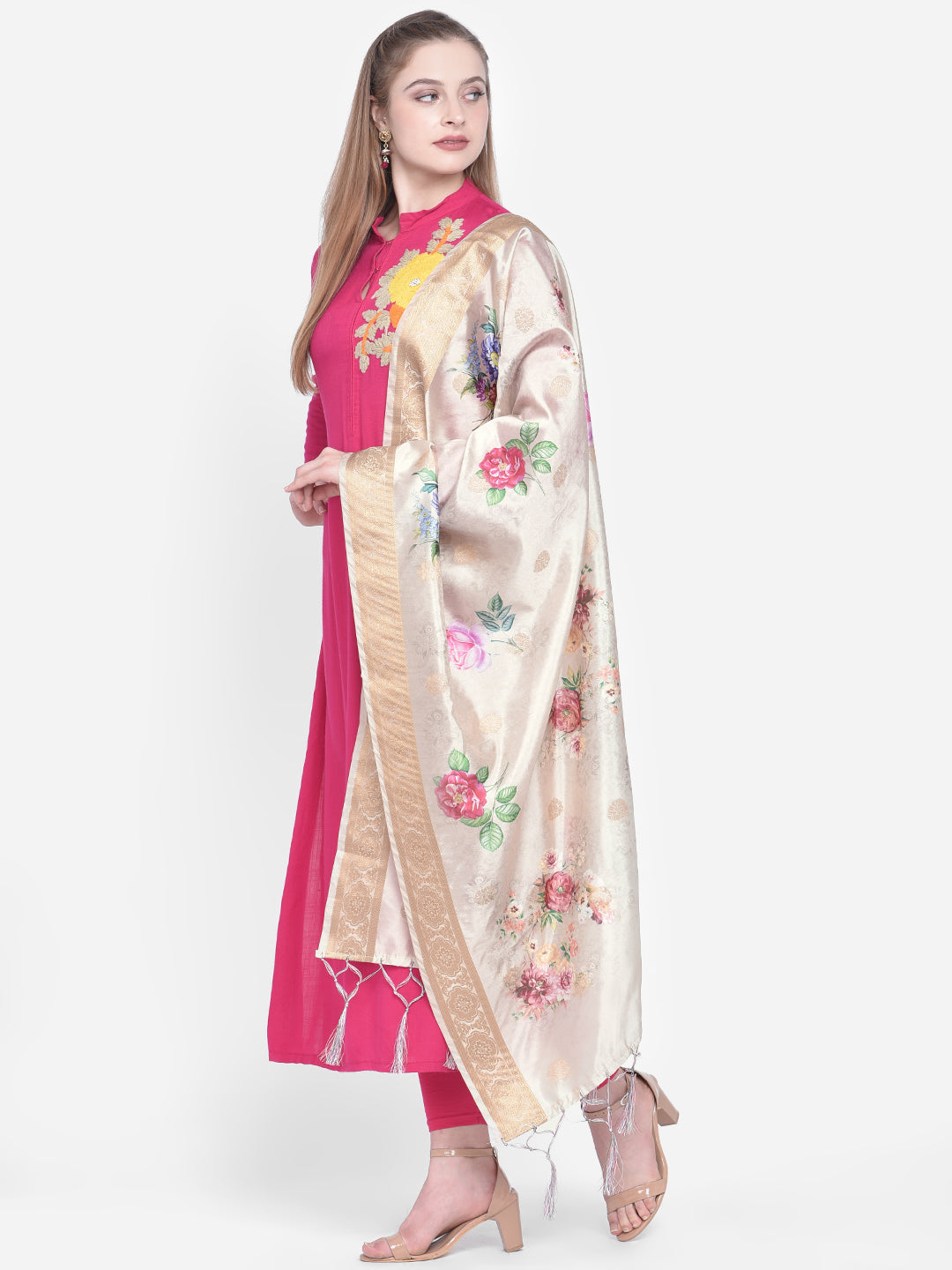 Dupatta Bazaar Woman's Cream Banarasi Dupatta with Digital Print. - Dupatta Bazaar