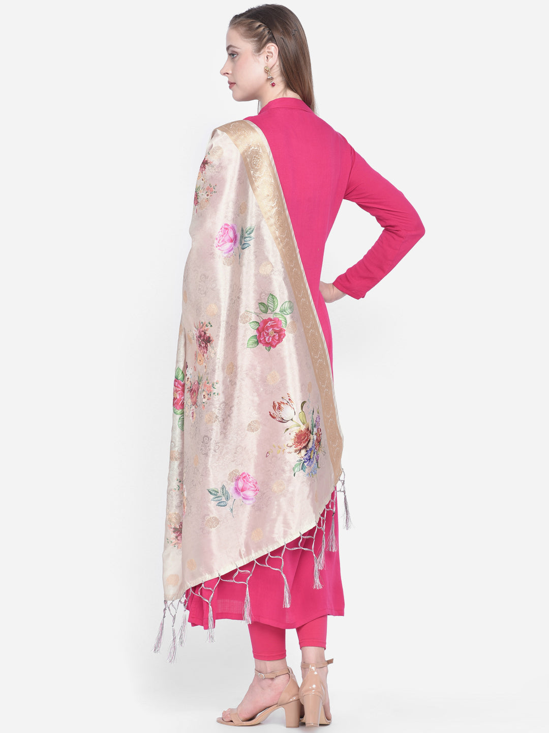 Dupatta Bazaar Woman's Cream Banarasi Dupatta with Digital Print. - Dupatta Bazaar