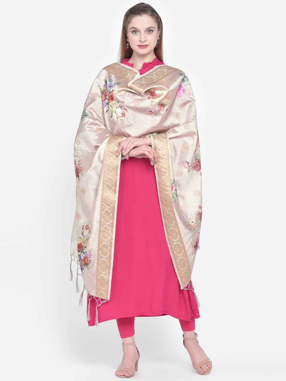 Dupatta Bazaar Woman's Cream Banarasi Dupatta with Digital Print. - Dupatta Bazaar