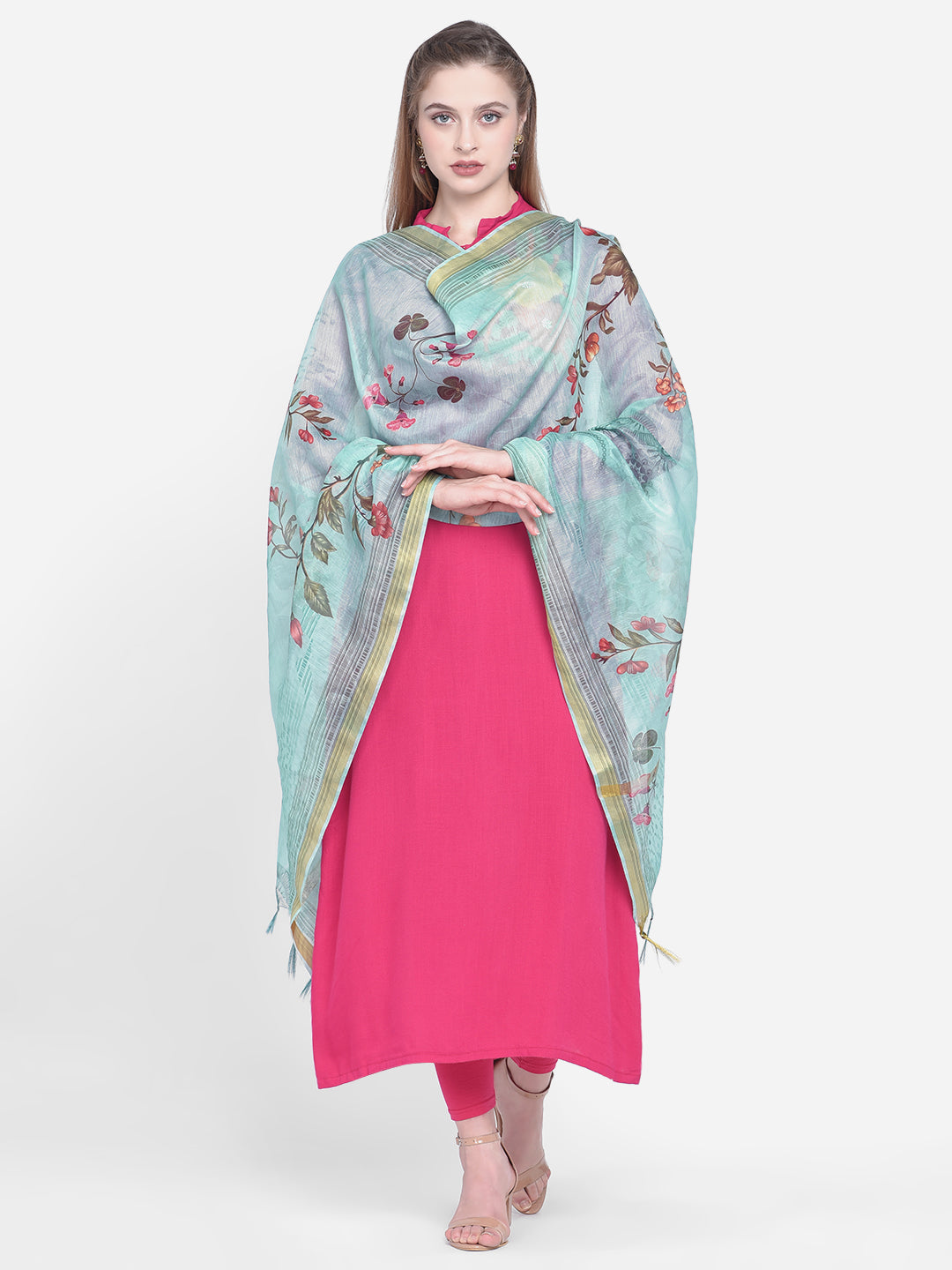 Dupatta Bazaar Woman's Sea Green Cotton Silk Digitally Printed Dupatta - Dupatta Bazaar