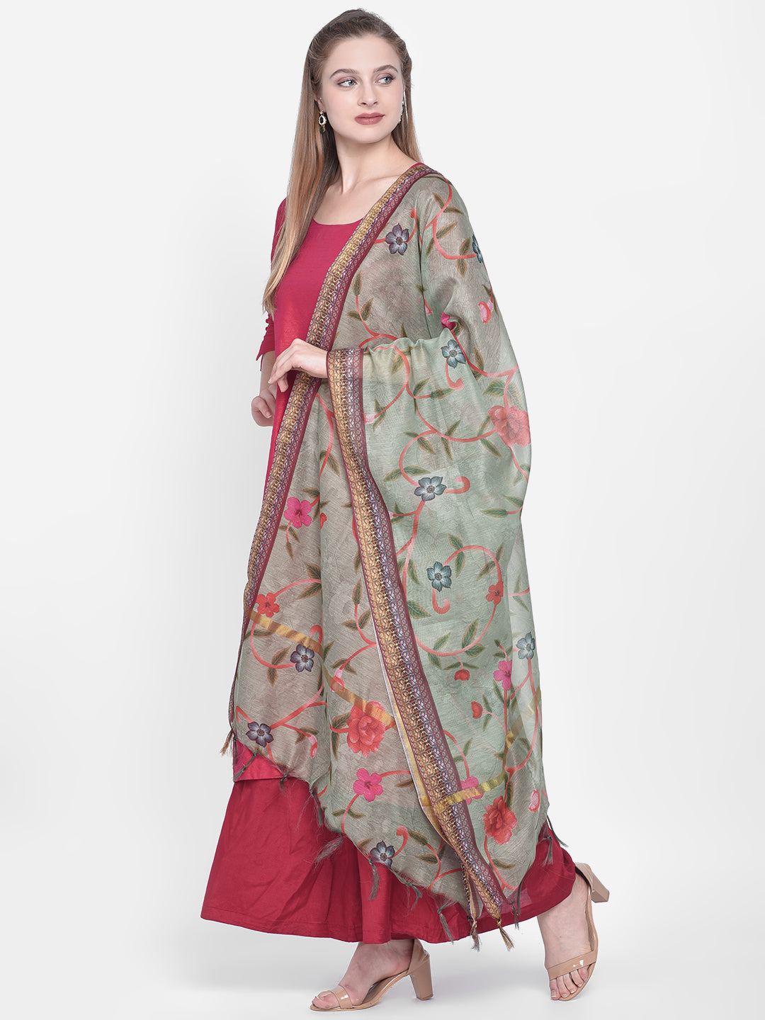 Dupatta Bazaar Woman's Green Cotton Silk Digitally Printed Dupatta - Dupatta Bazaar