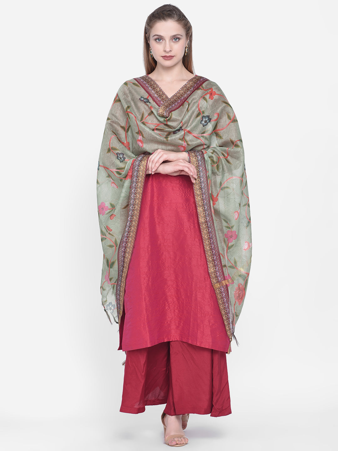 Dupatta Bazaar Woman's Green Cotton Silk Digitally Printed Dupatta - Dupatta Bazaar
