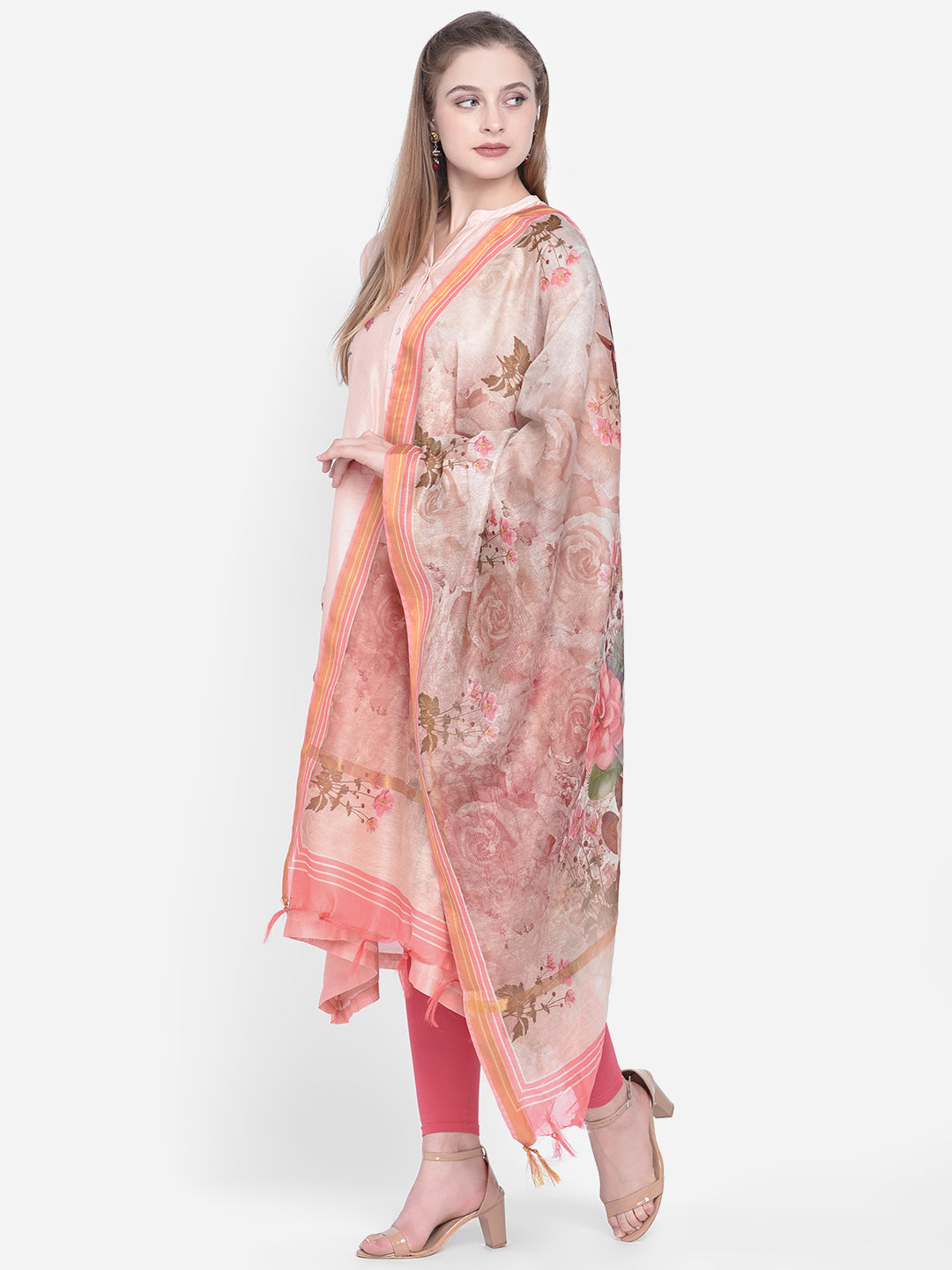 Dupatta Bazaar Woman's Beige & Peach Cotton Silk Digitally Printed Dupatta - Dupatta Bazaar