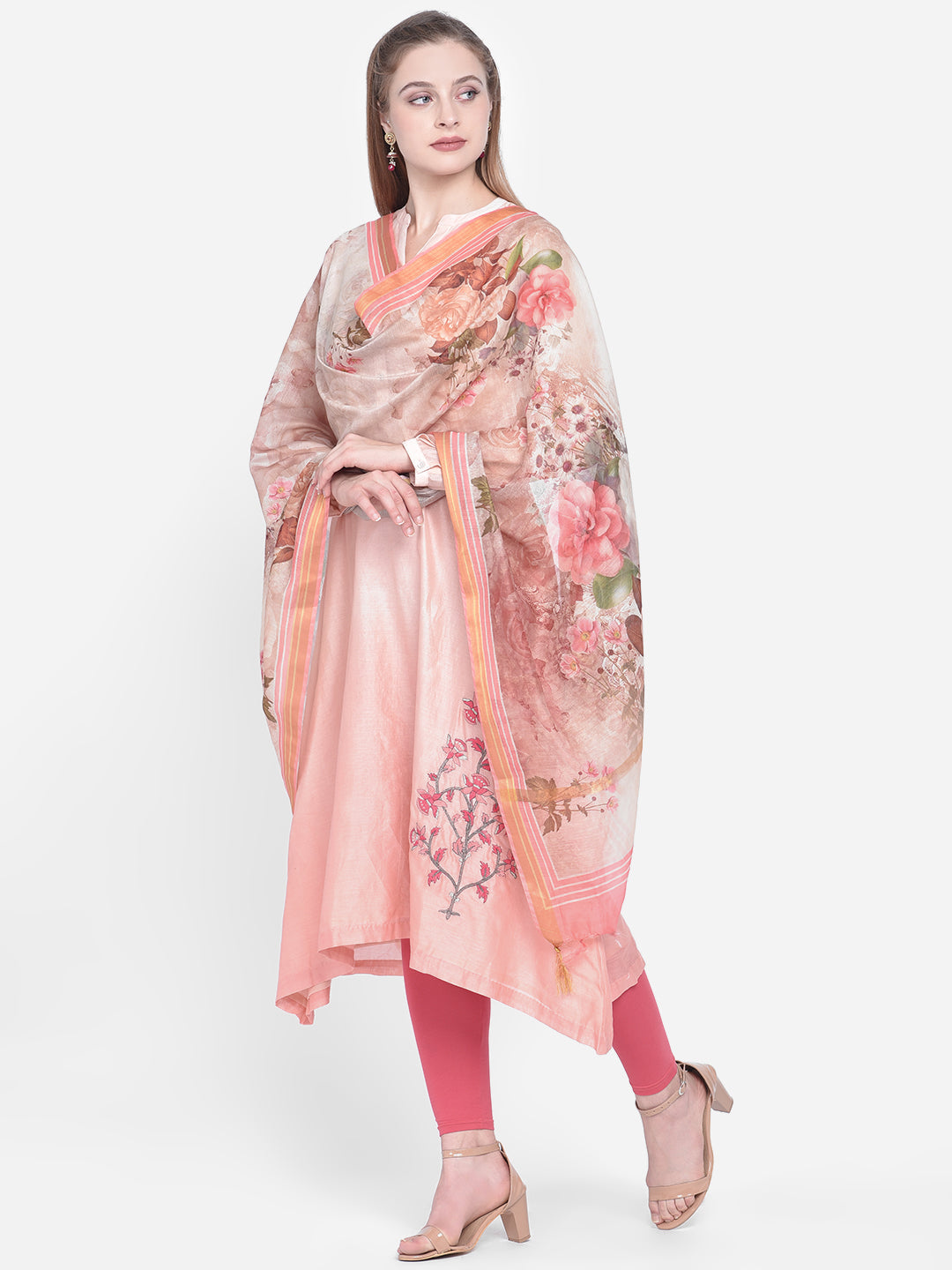 Dupatta Bazaar Woman's Beige & Peach Cotton Silk Digitally Printed Dupatta - Dupatta Bazaar