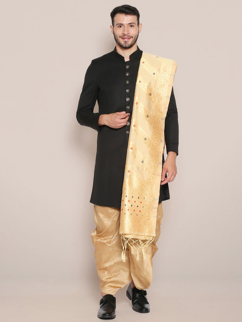 Men's Beige Banarasi Silk Dupatta freeshipping - Dupatta Bazaar