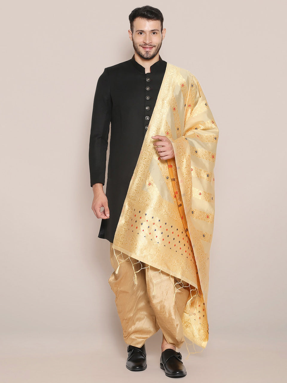 Men's Beige Banarasi Silk Dupatta freeshipping - Dupatta Bazaar