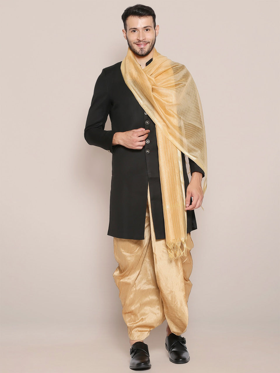 Men's Beige Checkered Cotton Silk Dupatta. freeshipping - Dupatta Bazaar