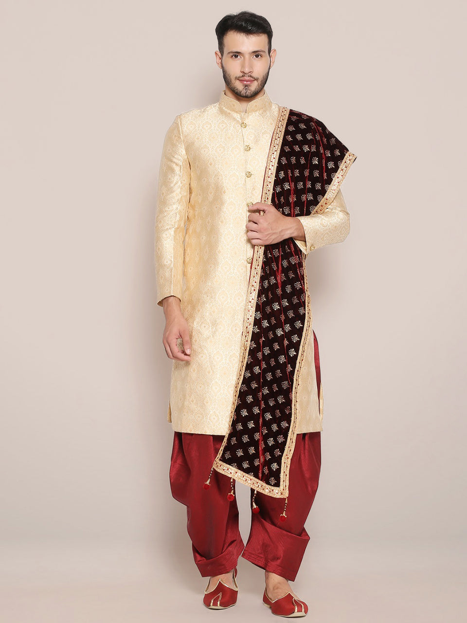 Men's Dark Maroon Velvet Stole with Foil Print. freeshipping - Dupatta Bazaar