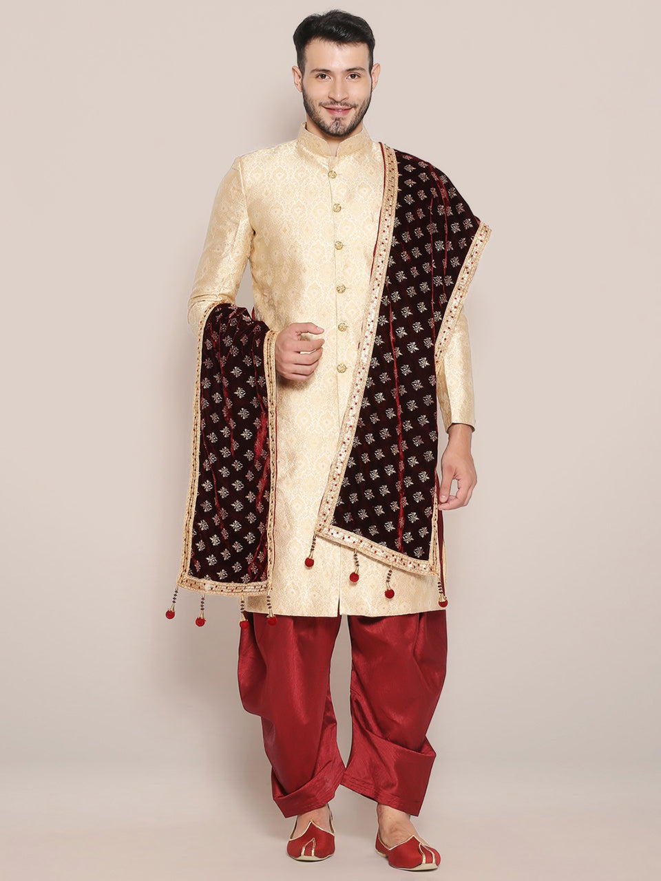 Men's Dark Maroon Velvet Stole with Foil Print. freeshipping - Dupatta Bazaar
