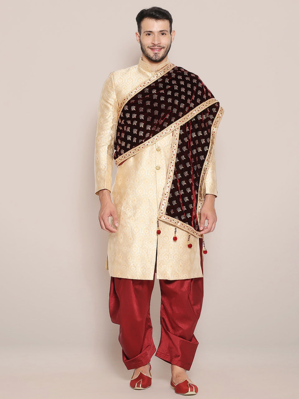 Men's Dark Maroon Velvet Stole with Foil Print. freeshipping - Dupatta Bazaar