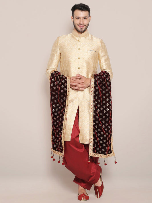 Men's Dark Maroon Velvet Stole with Foil Print. freeshipping - Dupatta Bazaar