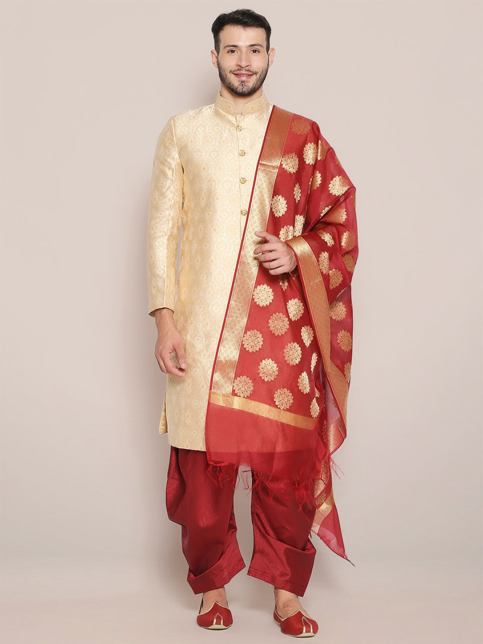 Men's Red Banarasi Silk Dupatta freeshipping - Dupatta Bazaar