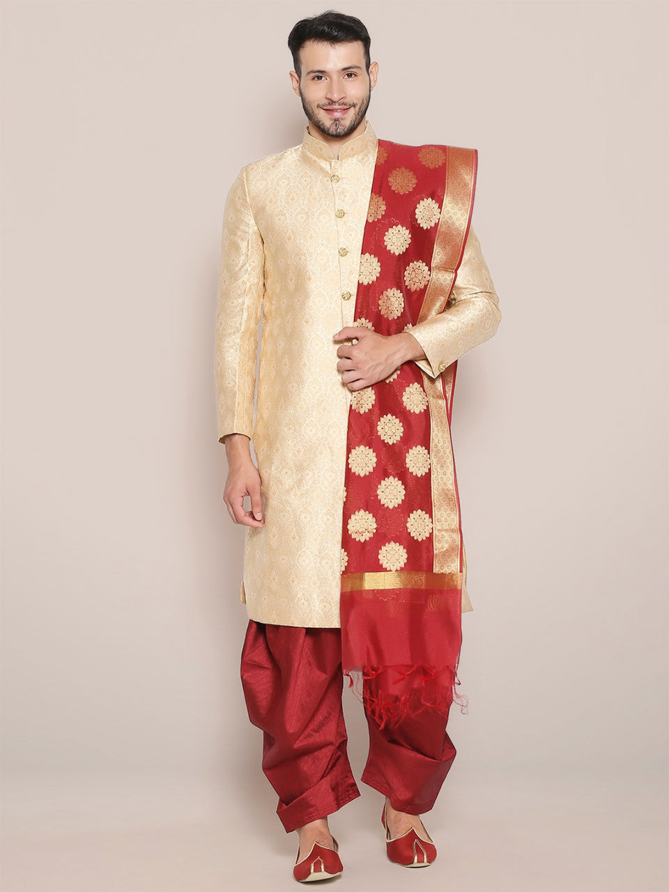 Men's Red Banarasi Silk Dupatta freeshipping - Dupatta Bazaar