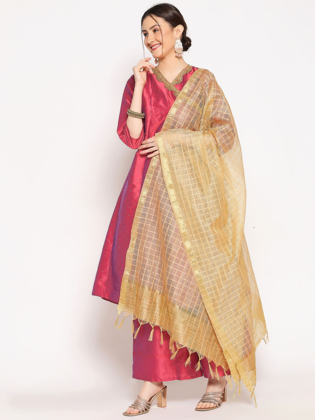 Gold Blended Silk Dupatta with Self checkered Pattern 