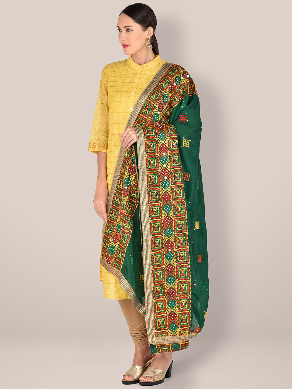 Phulkari Green & Multicoloured Pure Chinon Dupatta freeshipping - Dupatta Bazaar
