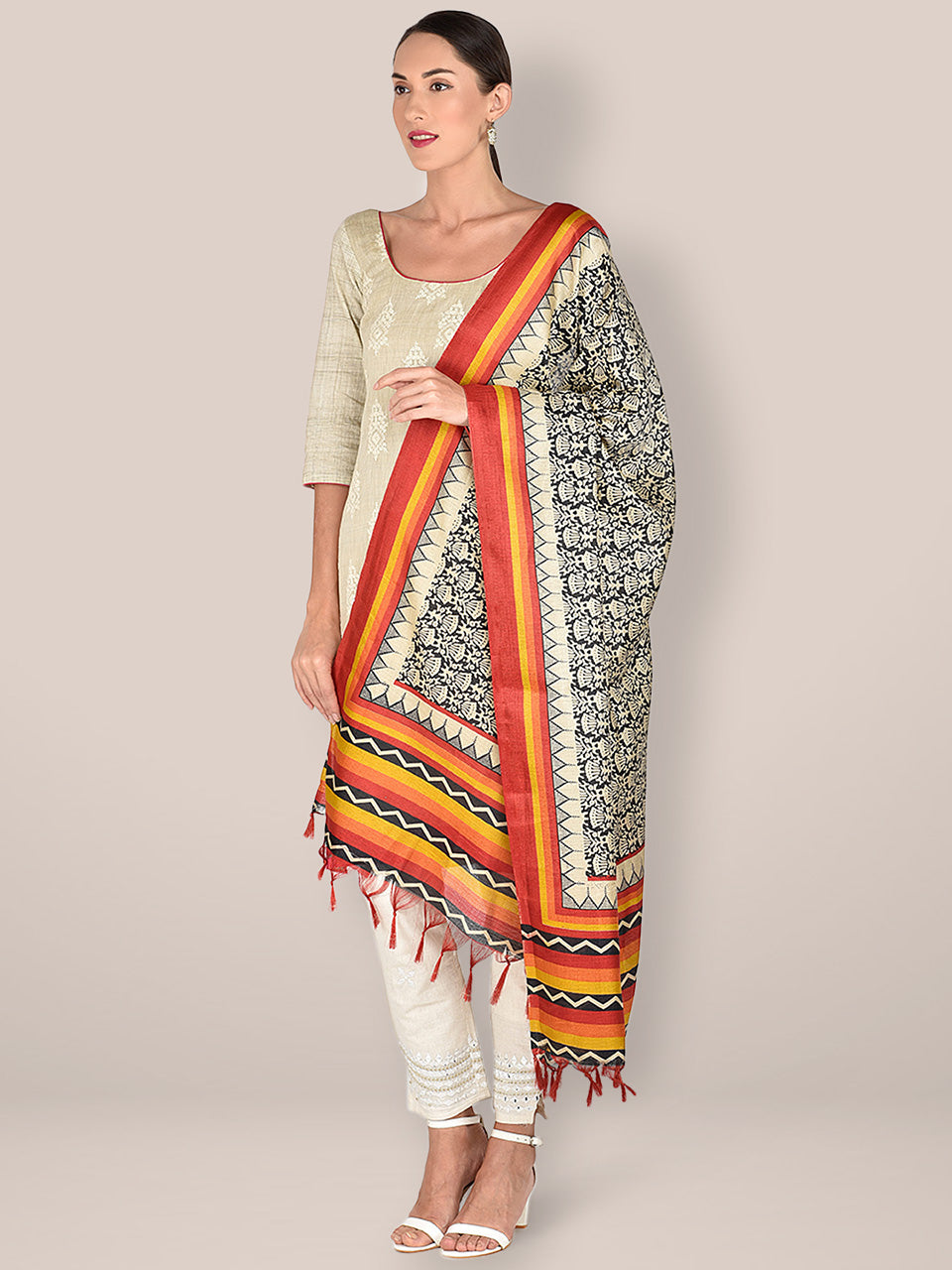Floral Printed Black & Multicoloured Art Silk Dupatta freeshipping - Dupatta Bazaar