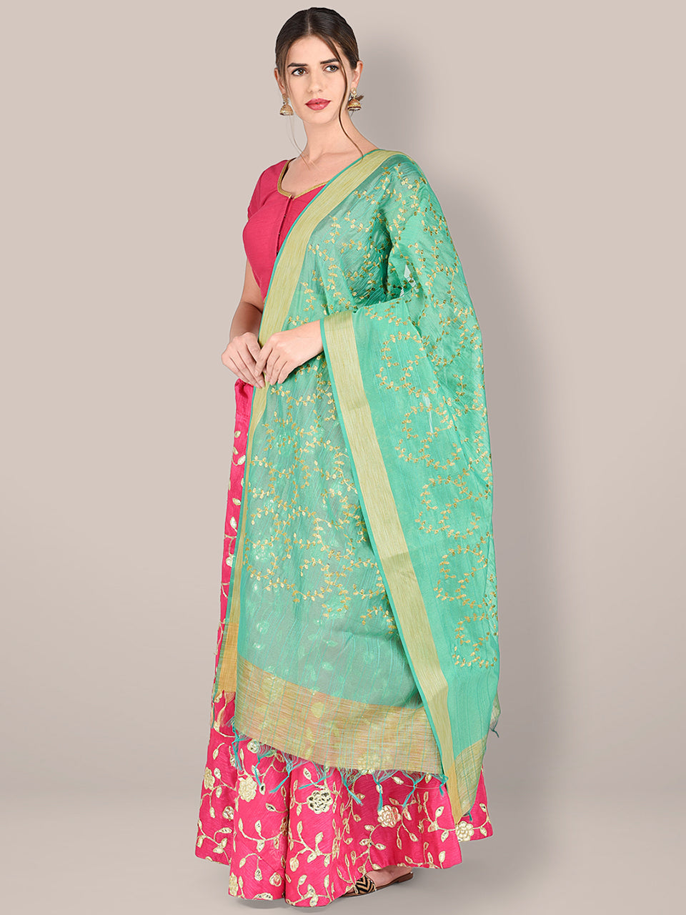 Embroidered Sea Green Blended Silk Dupatta. freeshipping - Dupatta Bazaar