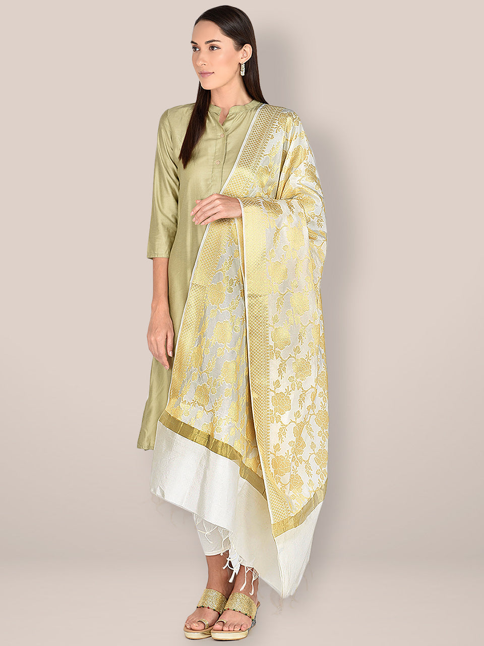 Banarasi White Silk Dupatta with Floral Jaal freeshipping - Dupatta Bazaar