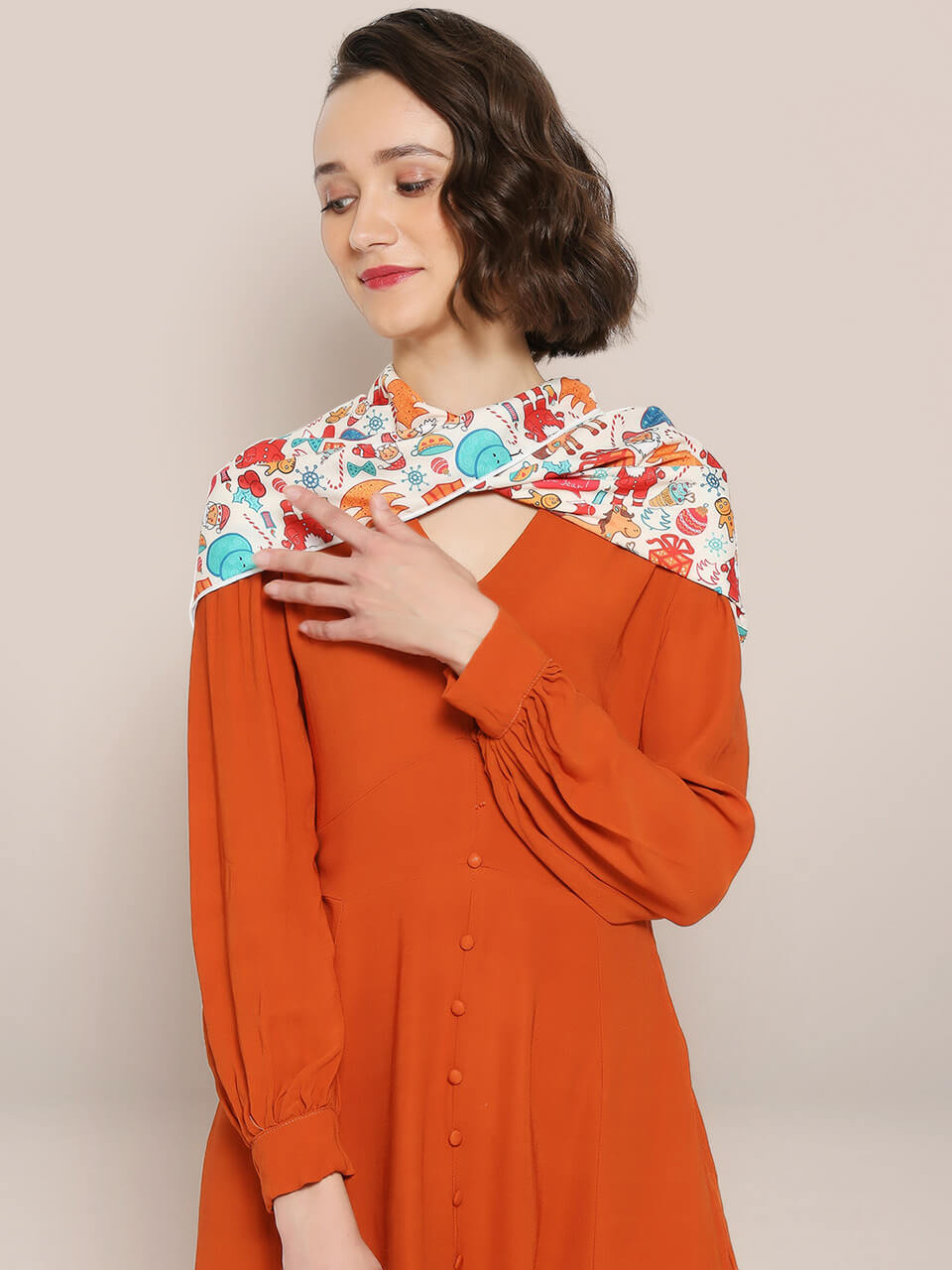 Printed Cream & Multicolor Silk Blend  Scarf/ Stole 