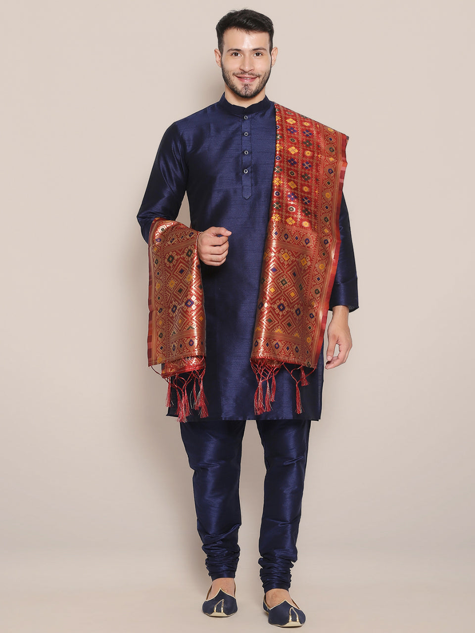 Men's Red Banarasi Silk Dupatta. freeshipping - Dupatta Bazaar