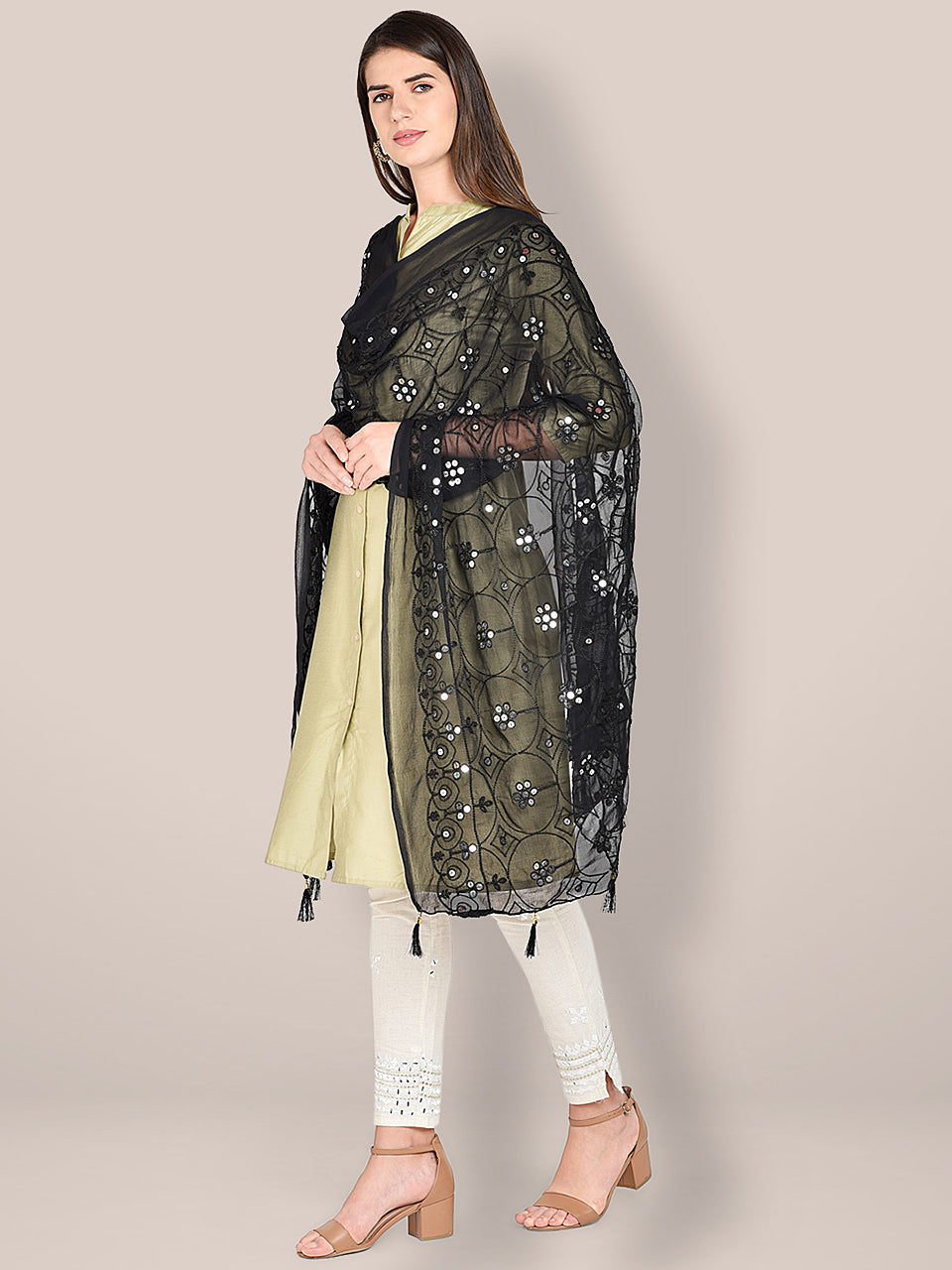Embroidered Black Chiffon Dupatta freeshipping - Dupatta Bazaar