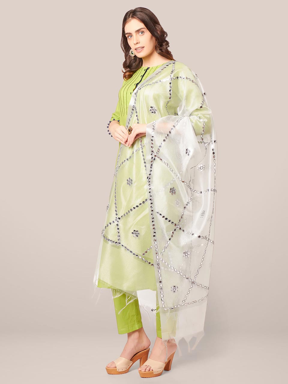 Silver Tissue Silk Dupatta with Mirror Work freeshipping - Dupatta Bazaar