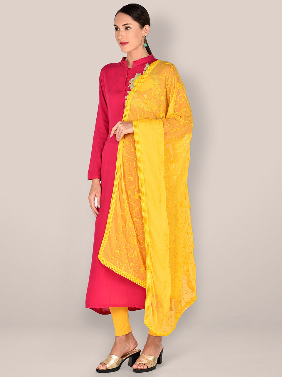 Yellow  Embroidered Chiffon Dupatta freeshipping - Dupatta Bazaar