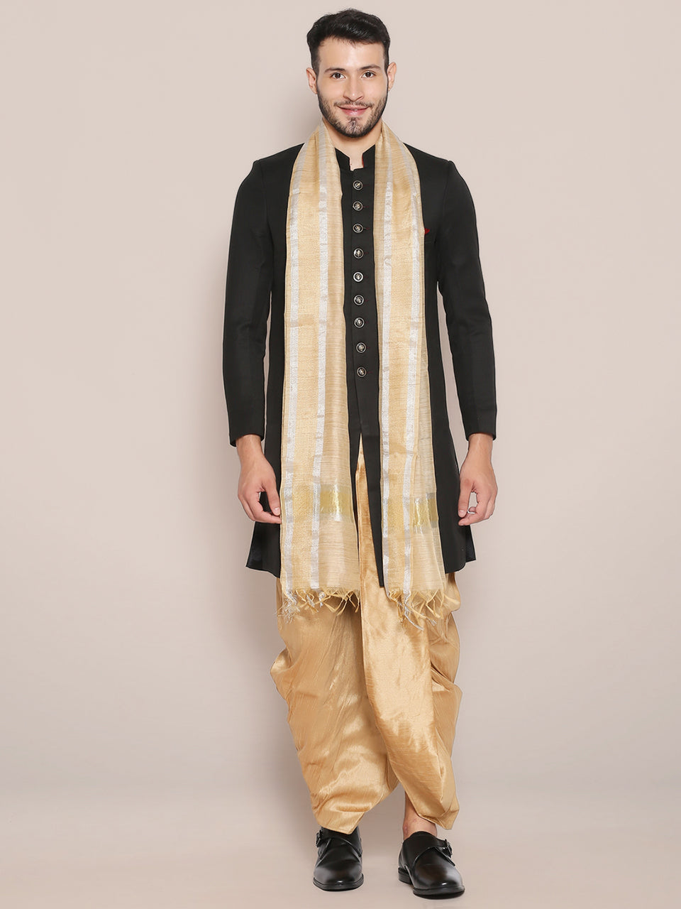 Men's Gold Blended Silk Dupatta with Silver Gold Border freeshipping - Dupatta Bazaar