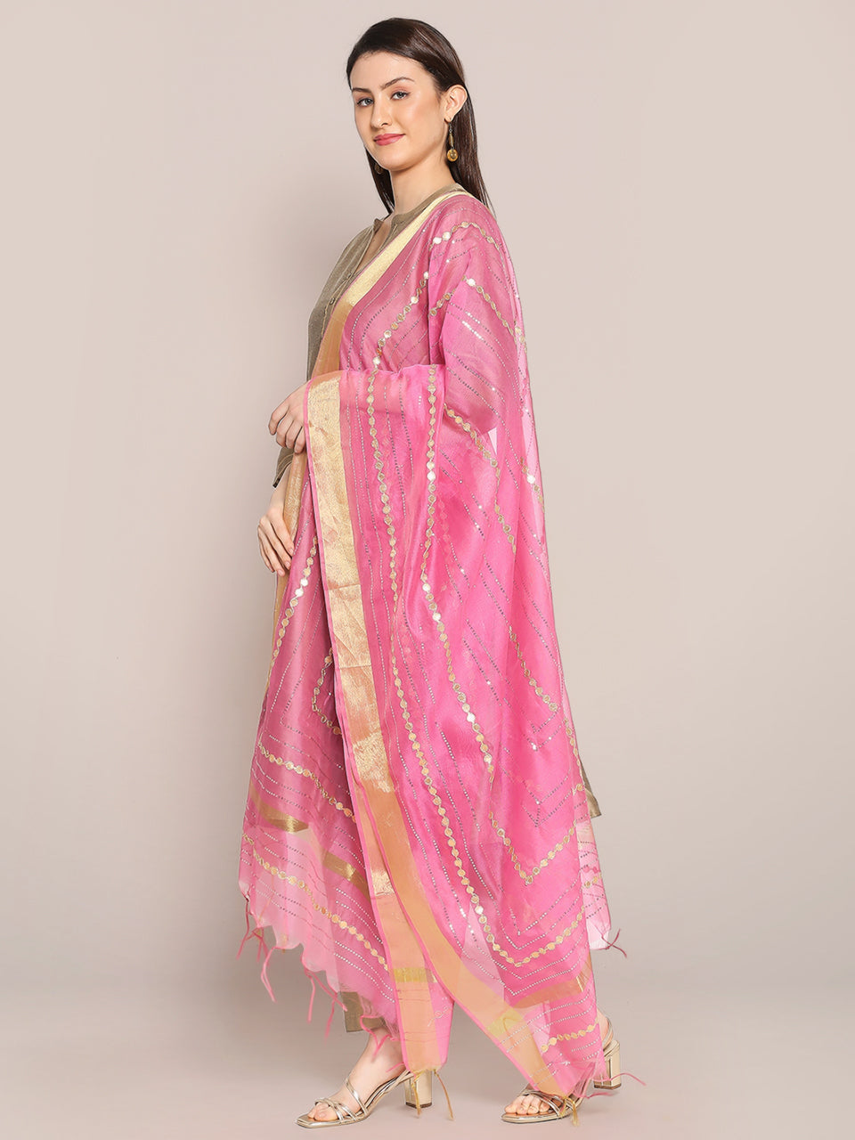 Baby Pink Chanderi Silk Dupatta with Sequins & Gotta Patti freeshipping - Dupatta Bazaar