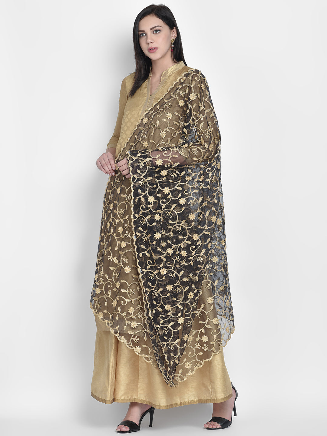 Dupatta Bazaar Woman's Black Embroidered Net Dupatta - Dupatta Bazaar