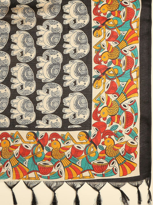 Ethnic Elephant Printed Black & Multi Art Silk Dupatta