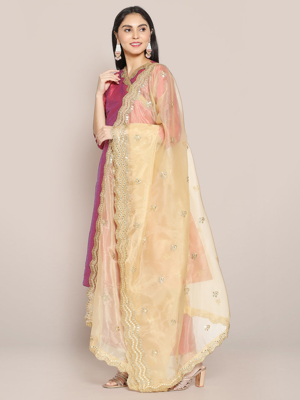 Embroidered Gold Glass Tissue Dupatta with Mirror Work freeshipping - Dupatta Bazaar