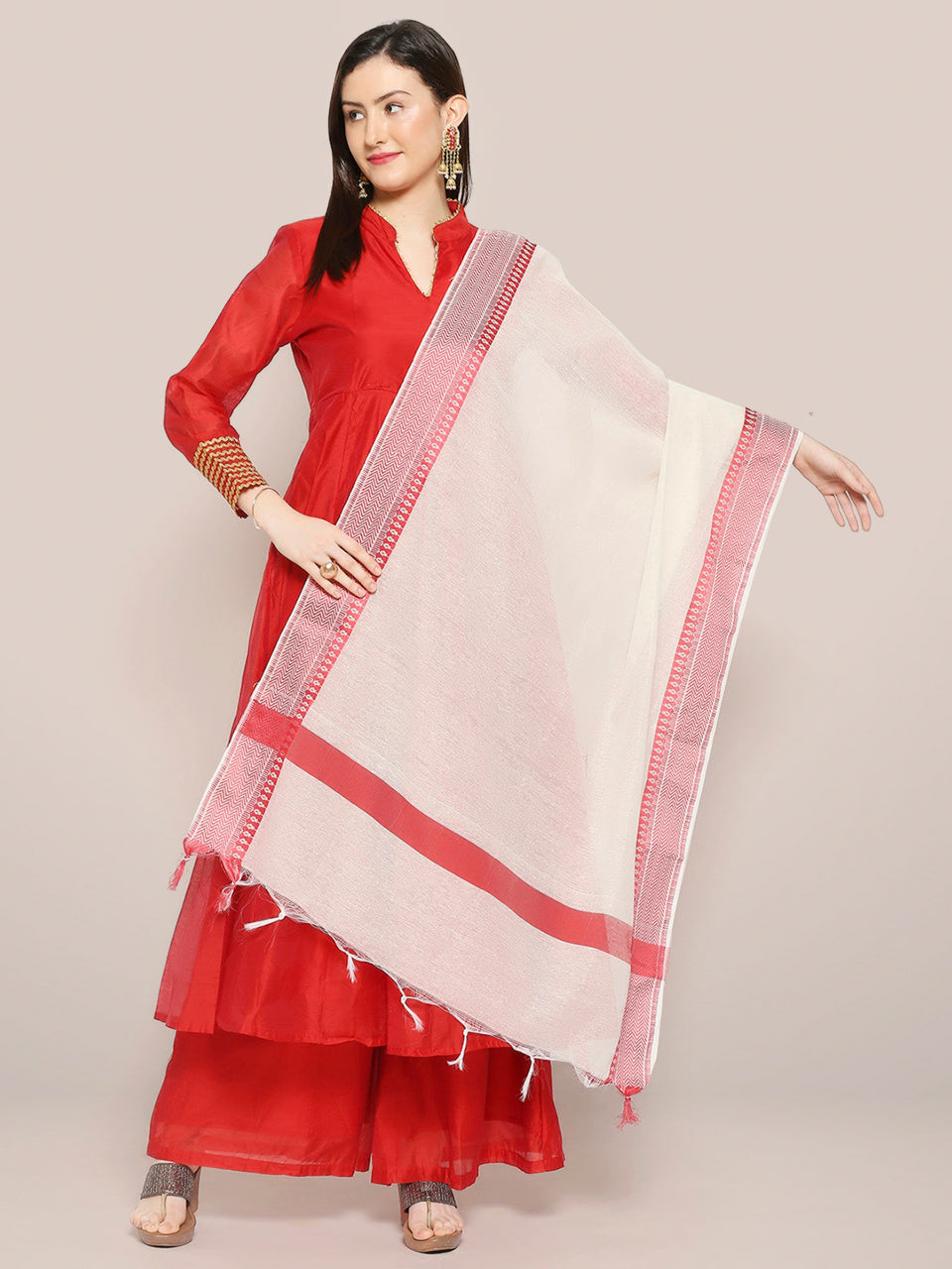 Off White Handloom Cotton Dupatta with Red border freeshipping - Dupatta Bazaar