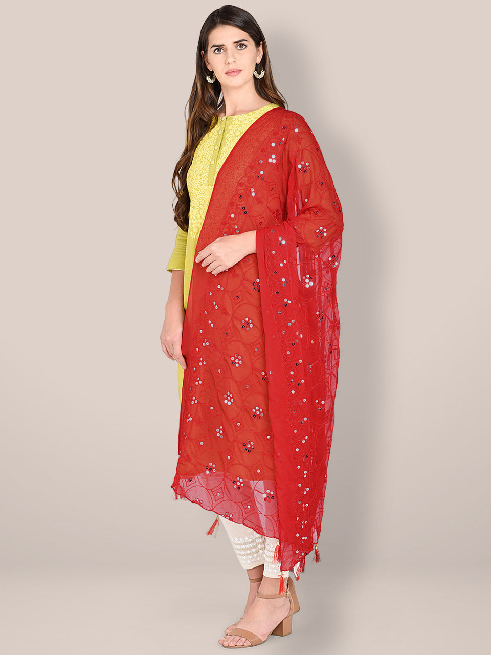 Embroidered Red Chiffon Dupatta freeshipping - Dupatta Bazaar