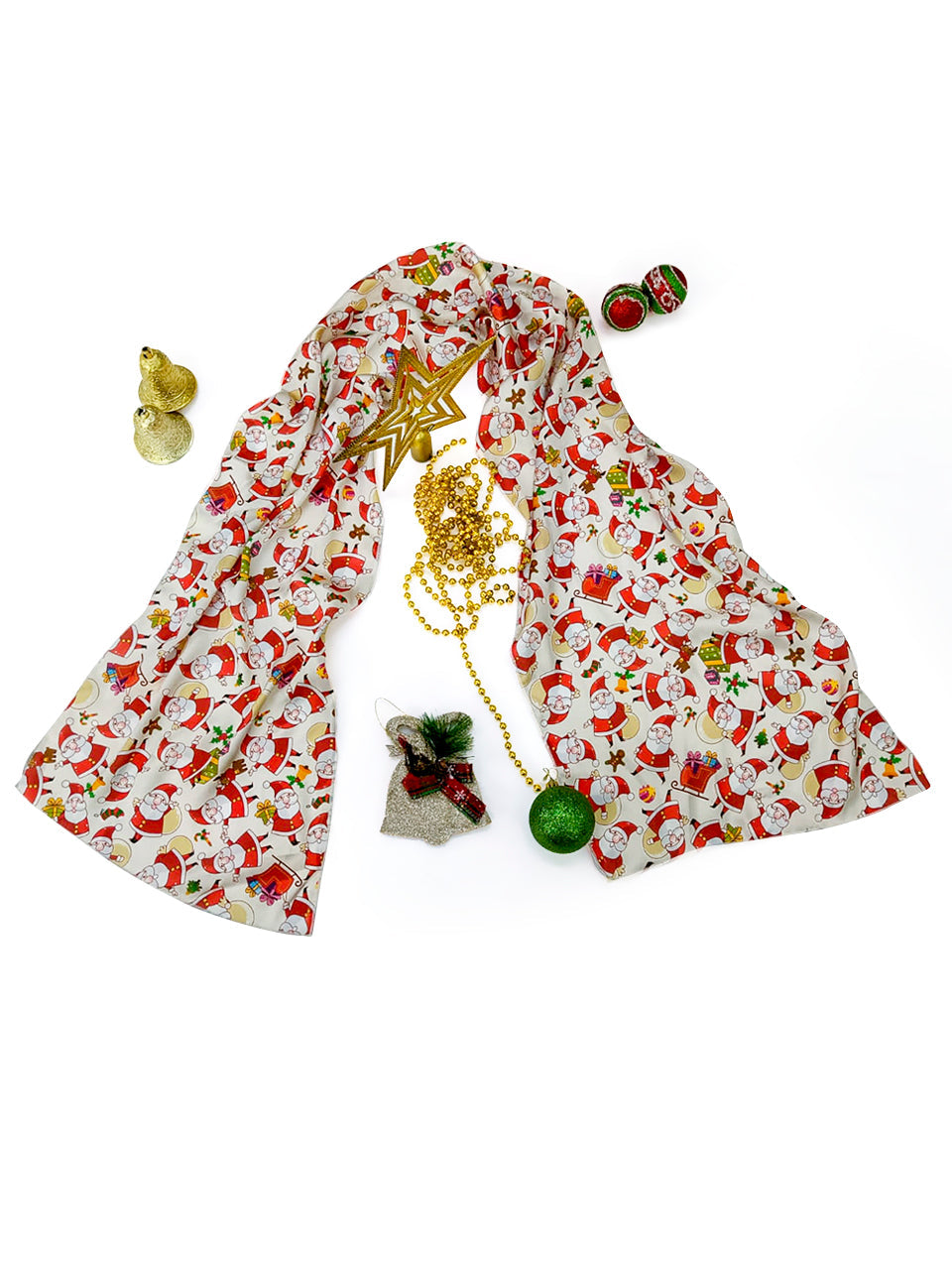 Printed Cream & Multicolor Satin Christmas Holiday Scarf/ Stole 