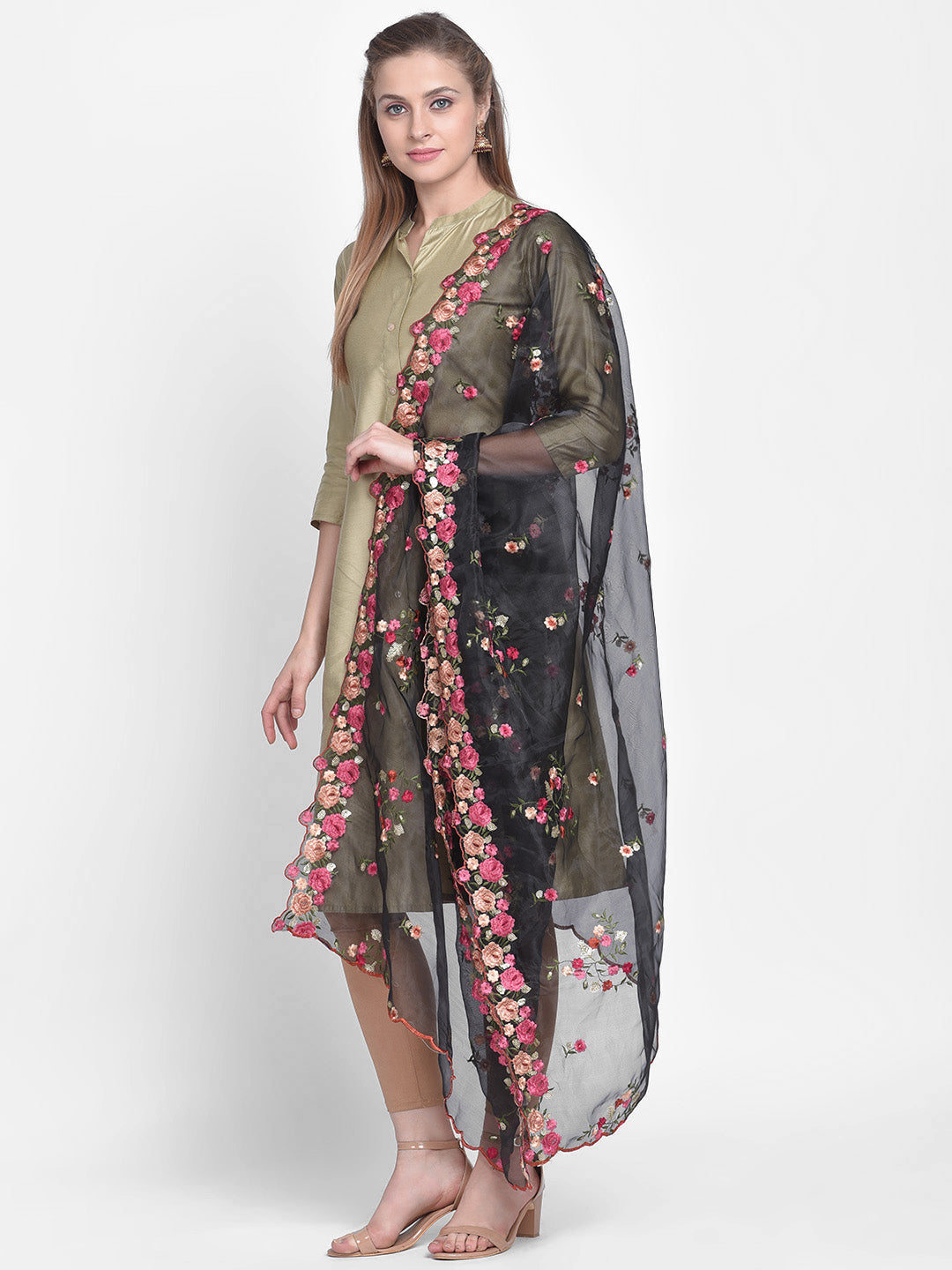 Dupatta Bazaar Woman's Black Organza Dupatta with Multicolor Floral Embroidery - Dupatta Bazaar