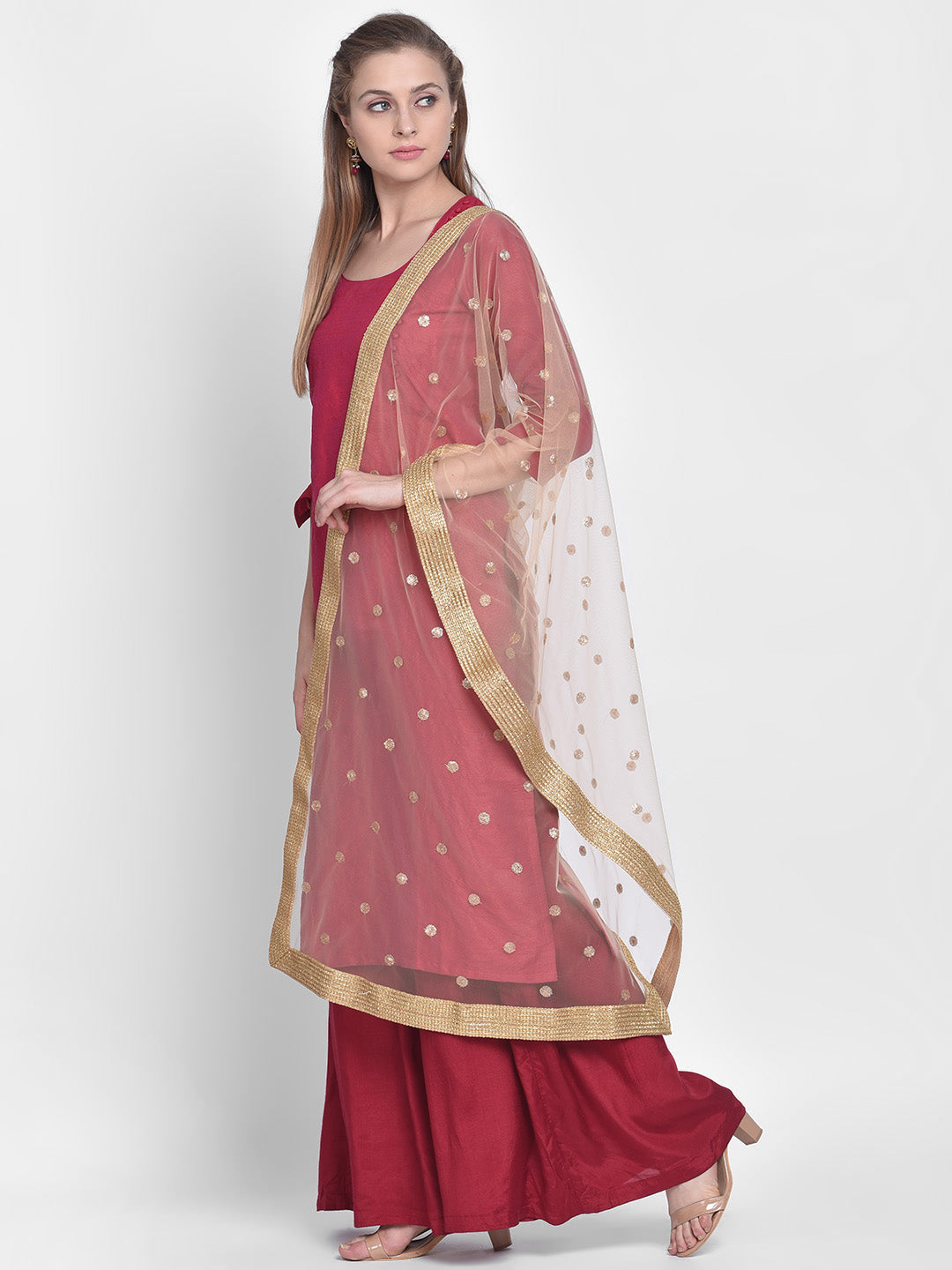 Dupatta Bazaar Woman's Gold Net Dupatta with Embroidered Motifs. - Dupatta Bazaar