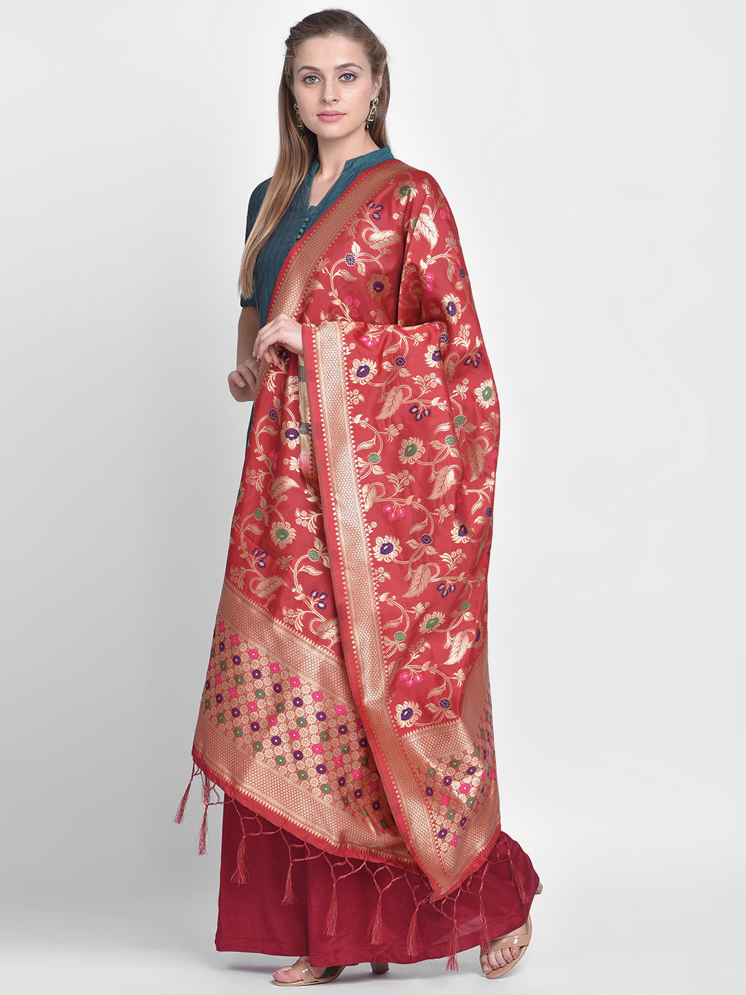 Dupatta Bazaar Woman's Red Banarasi Silk Dupatta with floral Jaal - Dupatta Bazaar