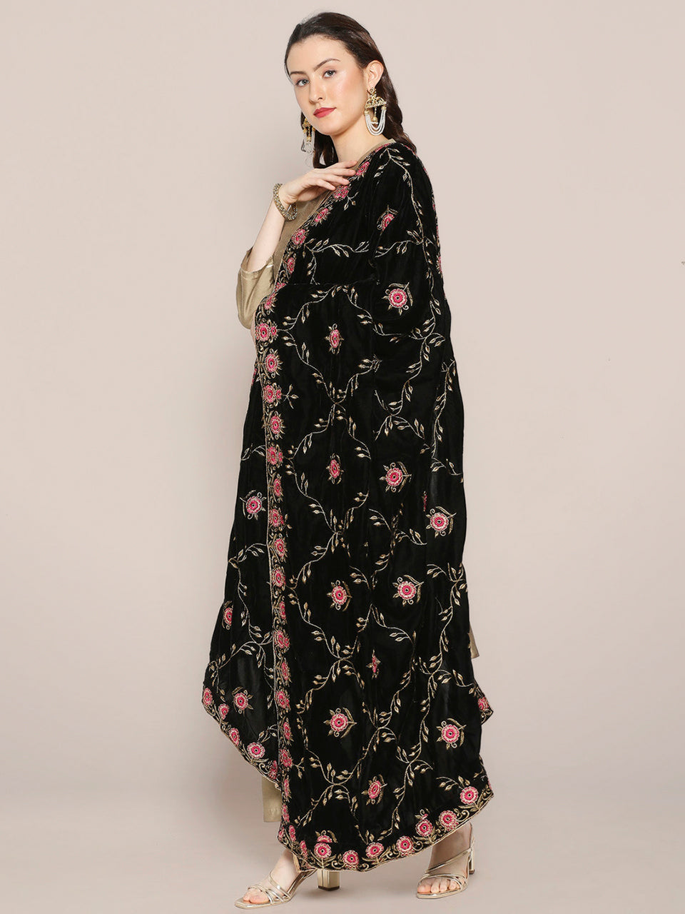 Black Velvet Dupatta with Pink Jaal Embroidery freeshipping - Dupatta Bazaar