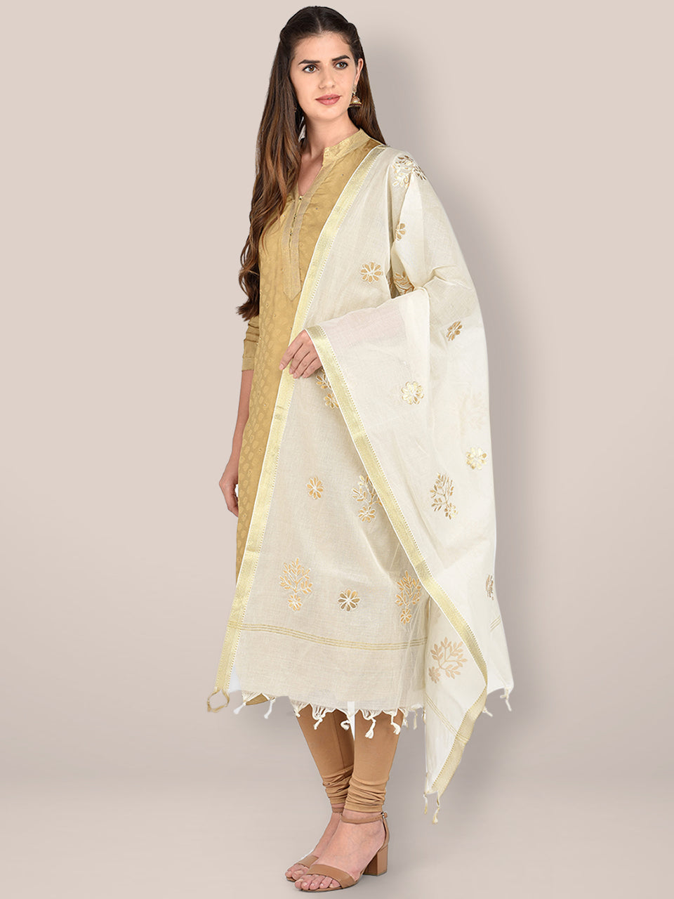 Cream Cotton Dupatta with Gotta Patti Motifs. freeshipping - Dupatta Bazaar