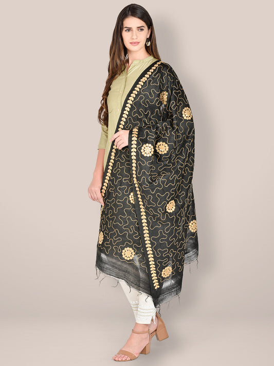 Embroidered Black Blended Silk Dupatta freeshipping - Dupatta Bazaar