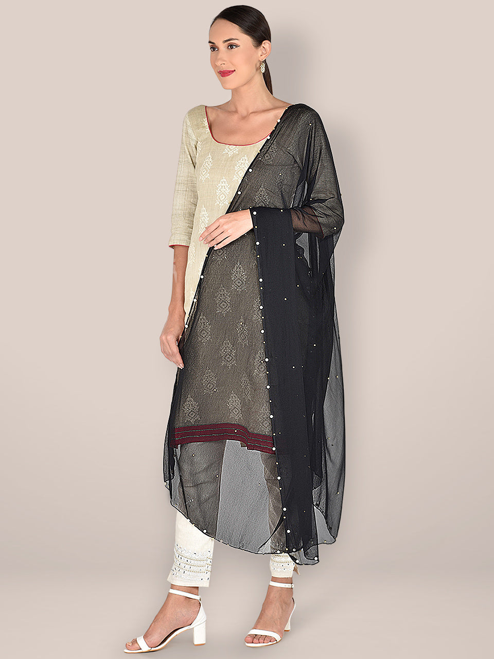 Black Chiffon Dupatta with Pearls & Beads freeshipping - Dupatta Bazaar