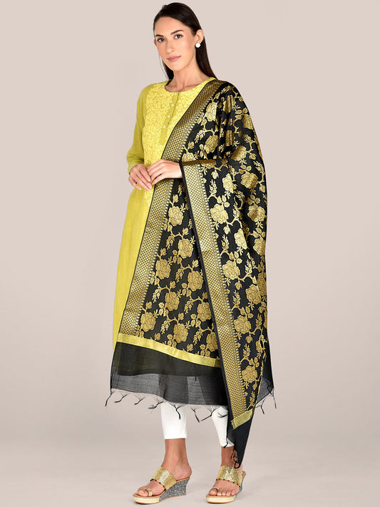 Banarasi Black Silk Dupatta with Floral Jaal freeshipping - Dupatta Bazaar