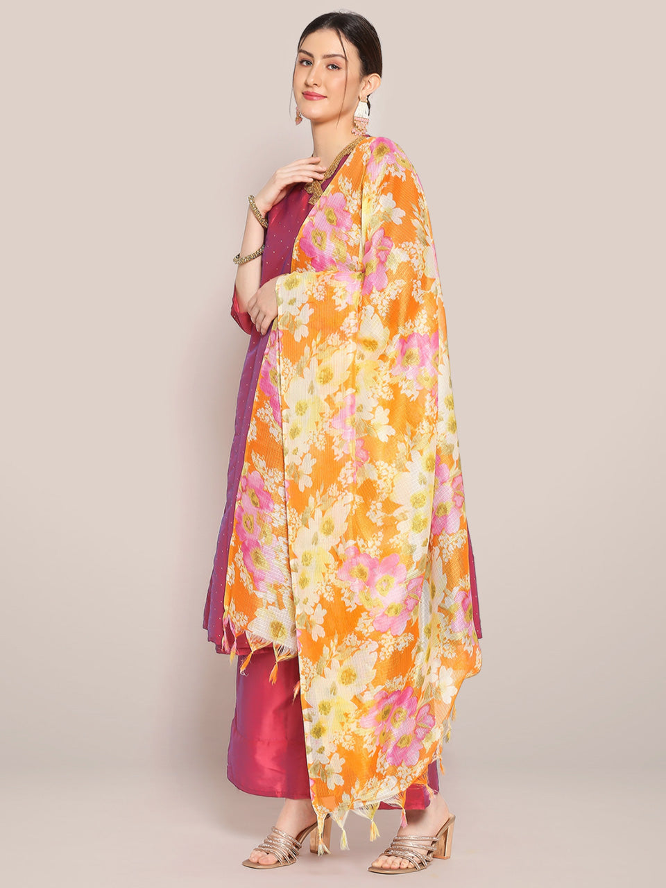 Digital Printed Floral Orange & Pink Kota Doria Dupatta freeshipping - Dupatta Bazaar
