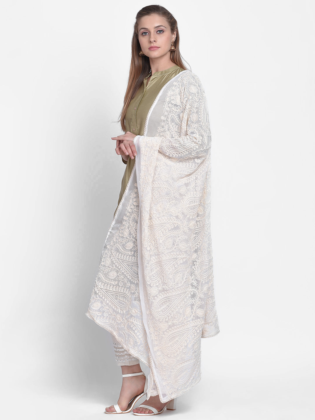Dupatta Bazaar Woman's Embroidered White Chiffon Dupatta - Dupatta Bazaar