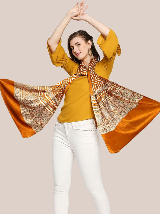 Mustard Hand Block Print Mushru Stole